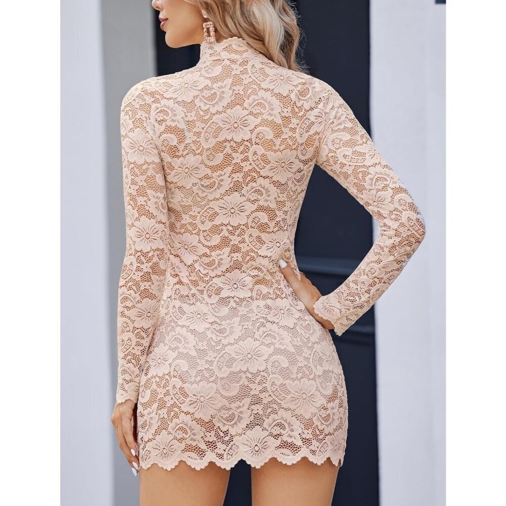 Womens Champagne Sheer Lace Long Sleeve Mini Dresses for Party outfit - Picture 6 of 6